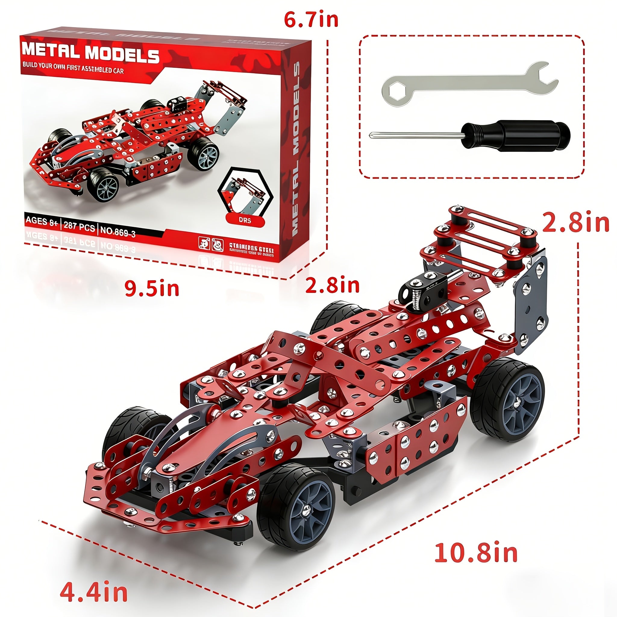 STEM Building Kit Model Car Set 287 Piece Motorized Vehicle for Kids – Assembly Toy with All-Terrain Tires & Openable Hood, Blue Airplane Red Car Green Truck, Birthday Christmas Gift Boys Ages 6+