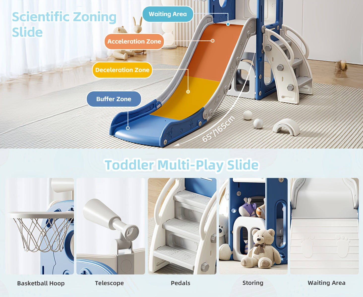 Toddler Slide and Climber Playset Indoor Outdoor for Boys Girls Ages 1.5-6 - L-Shaped Playground with Basketball Hoop Storage Telescope, Easy Assembly Kids Slide Set, Birthday Christmas Gift