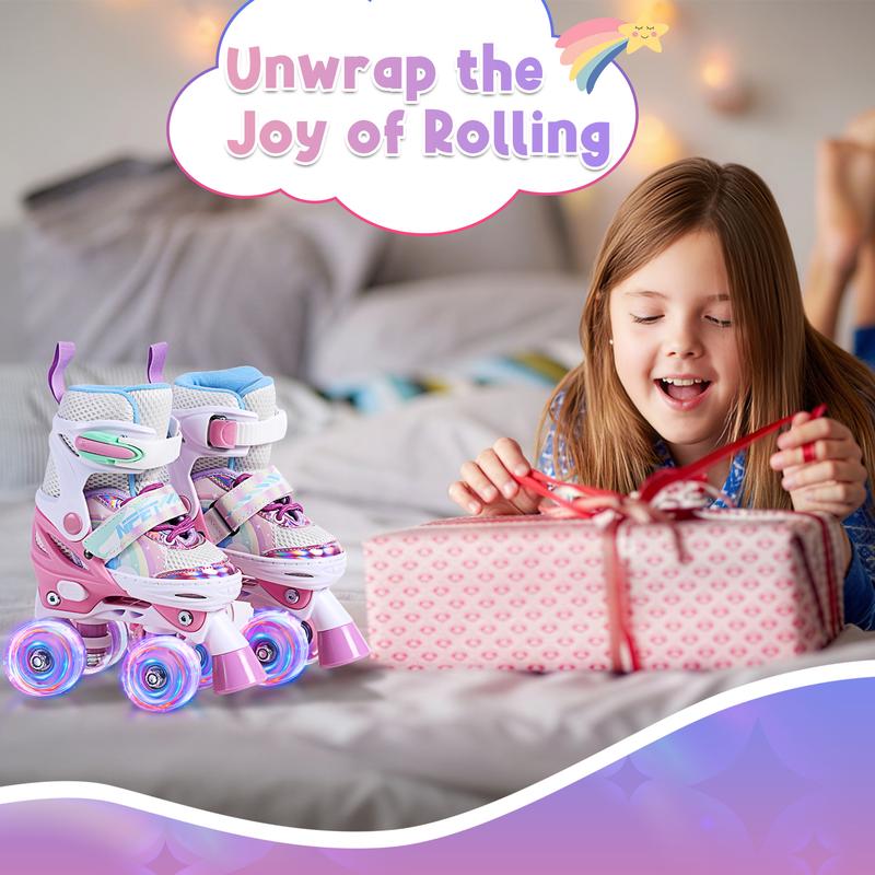Adjustable Quad Roller Skates for Beginners by NPET, Light-Up Wheels and Hook-and-Loop Fit in Three Size Ranges for Indoor and Outdoor Practice
