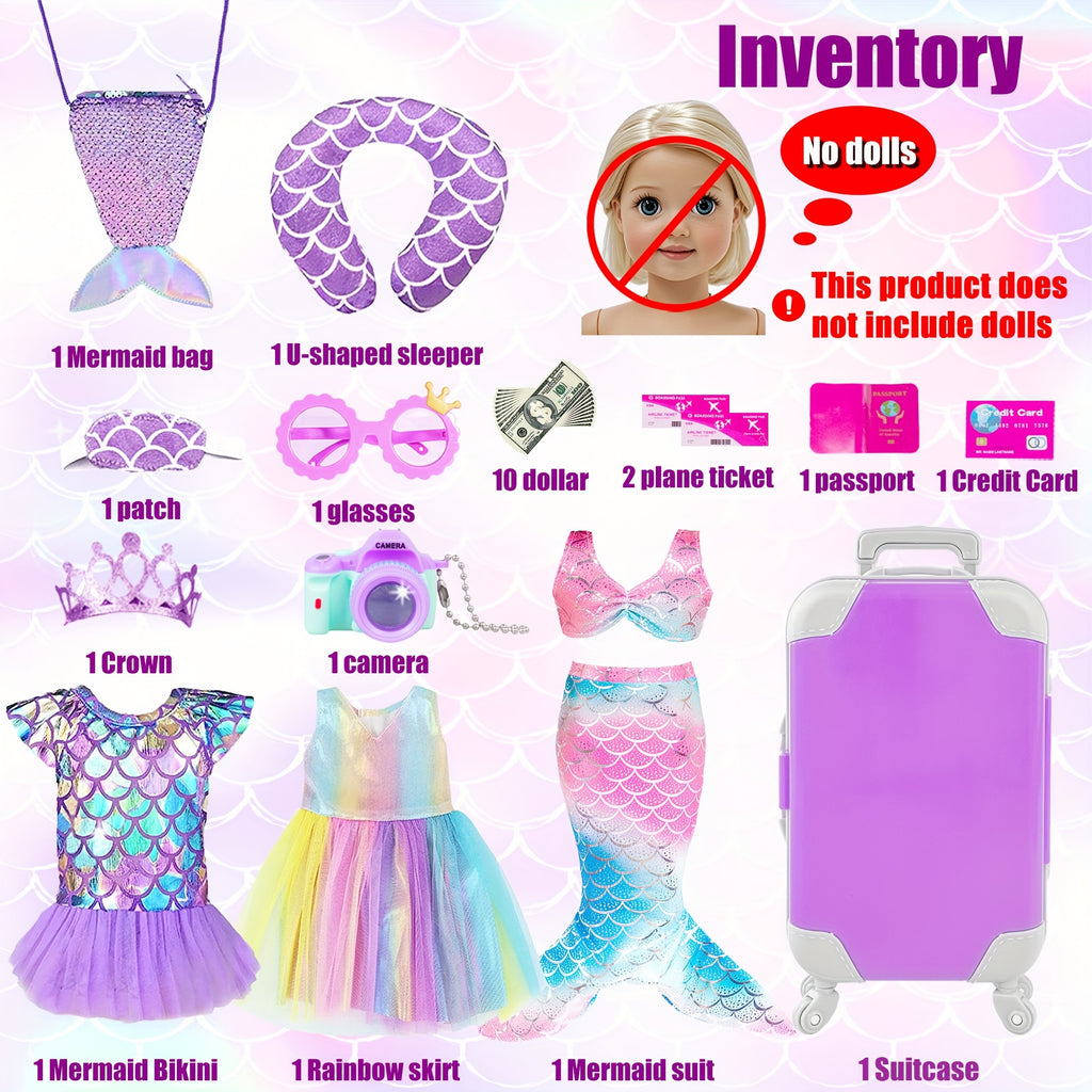 20 Piece Mermaid Doll Travel Set for 18 Inch Dolls – Suitcase Mermaid Dress Outfits Bag Camera Glasses Passport Accessories Kit No Doll Girls Ages 3+ Gift