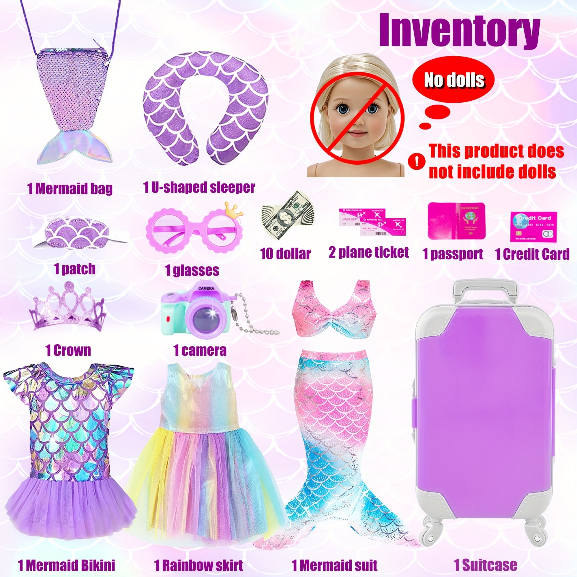 20 Piece Mermaid Doll Travel Set for 18 Inch Dolls – Suitcase Mermaid Dress Outfits Bag Camera Glasses Passport Accessories Kit No Doll Girls Ages 3+ Gift