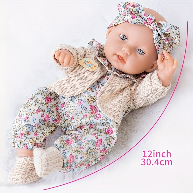 12 Inch Dress-Up Baby Doll Set with Floral Clothes Headscarf Socks & Toy Rabbit – Vinyl Girl Doll Playset for Kids Ages 3+ Birthday Christmas Gift (Beige & Pink)