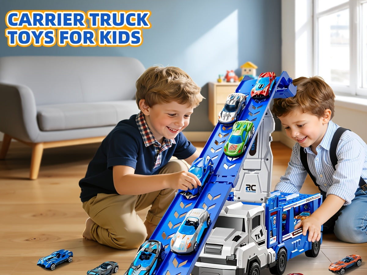 3-in-1 Kids Carrier Truck Toy with Car Tracks, 12 Racing Cars, Foldable Race Track & Garage – Toddler Birthday Gift for Boys Girls Ages 3+, Blue