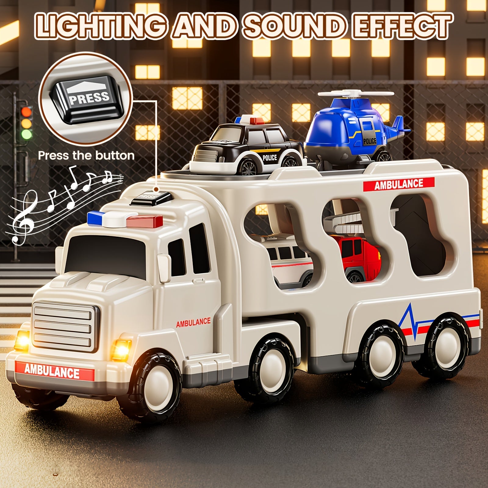 5-in-1 Ambulance Fire Truck Carrier Toy with Lights Sounds Friction Power Emergency Vehicle Playset for Kids Boys Girls Toddlers Ages 3 4 5 Birthday Christmas