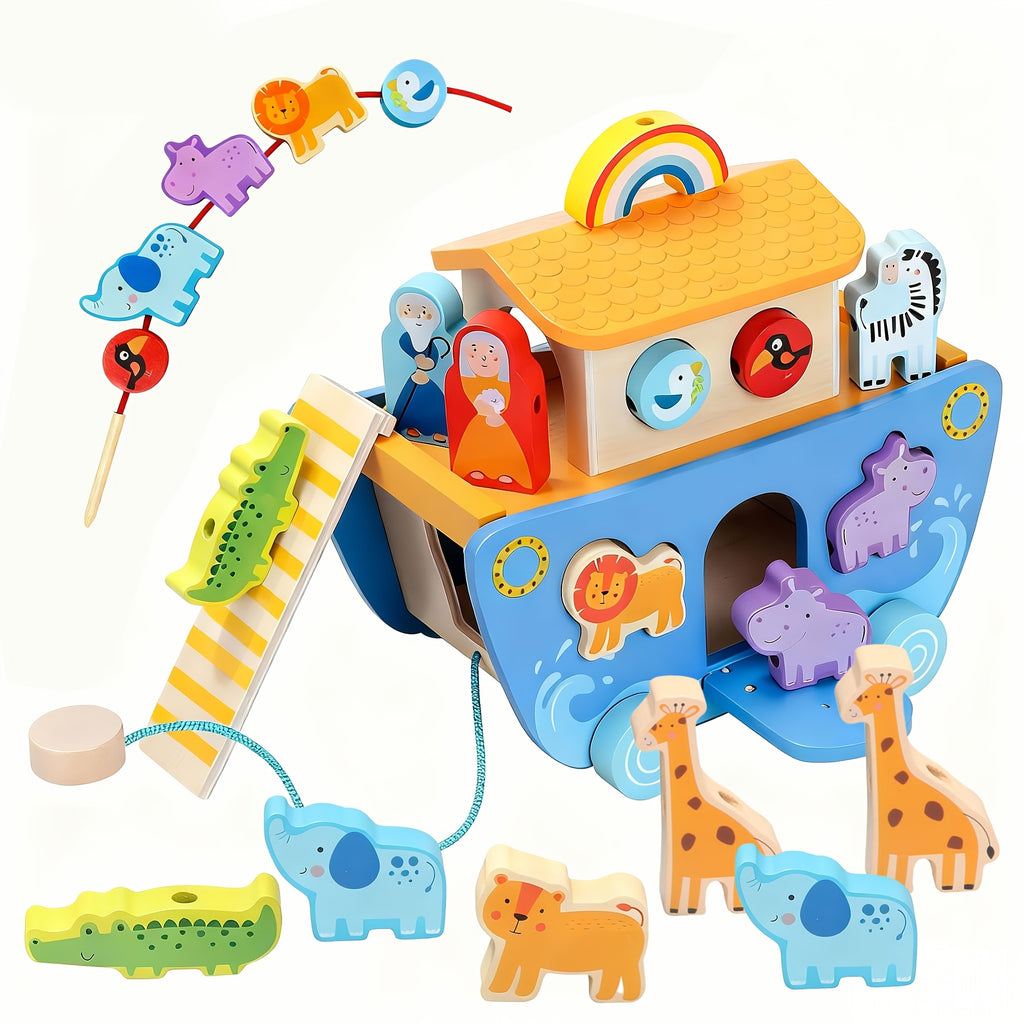 Wooden Noahs Ark Toy for Toddlers Ages 1-3 - Animal Shape Sorter Learning Toy with Wooden Animal Figures, Early Development Educational Toy, Baptism Birthday Christmas Gift for Boys Girls