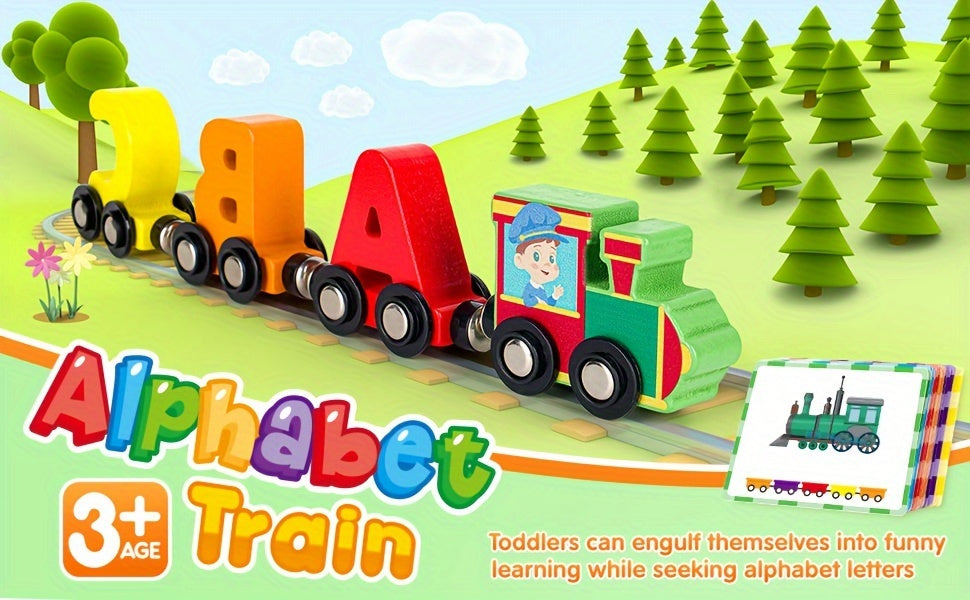 Magnetic Wooden Alphabet Train Set 27pcs – ABC Letter Learning Toy with 42 Flash Cards Engine Storage Bag – Educational Toy for Kids Boys Girls Ages 3 4 5 6