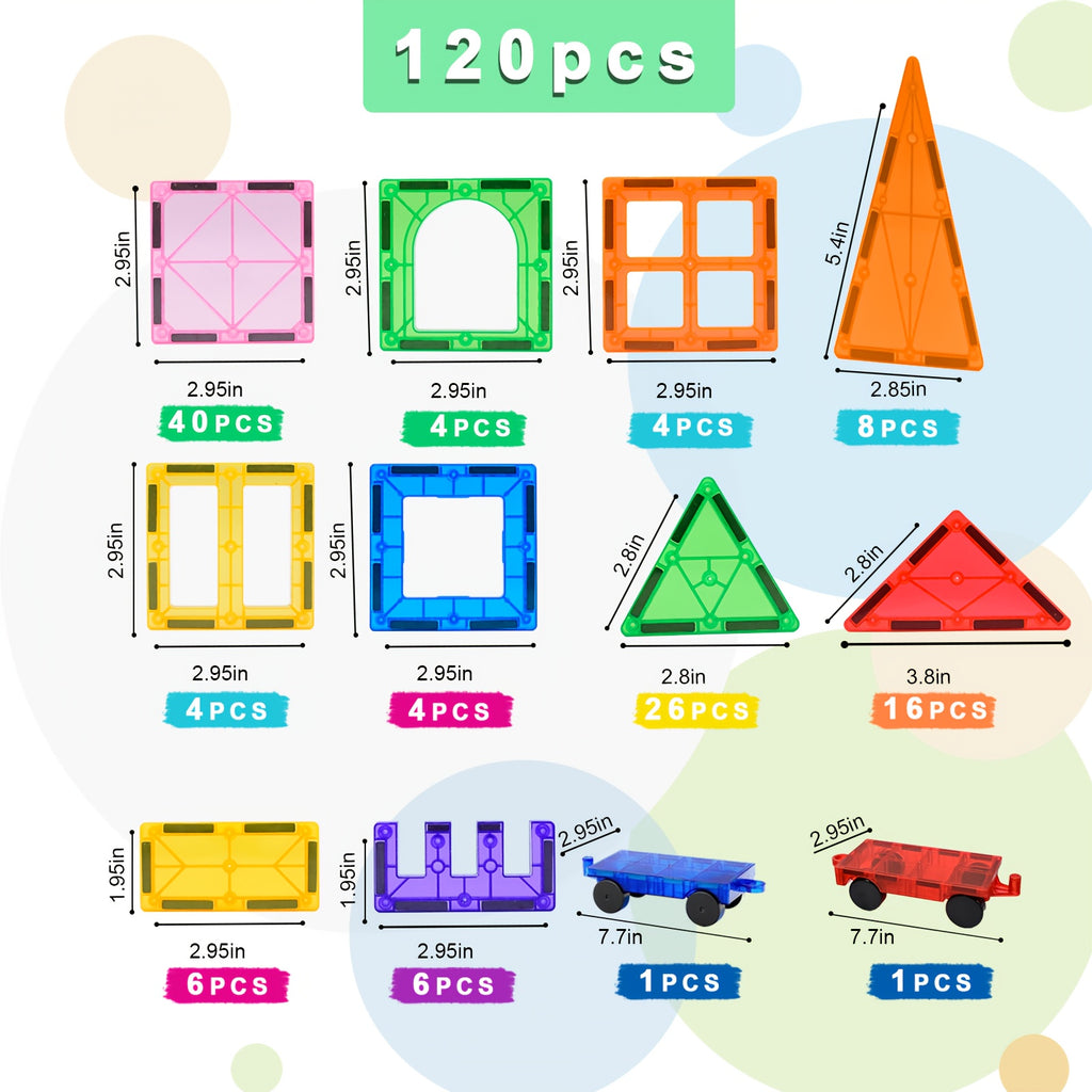Magnetic Tiles 120pcs with 2 Cars STEM Building Set - Educational Magnet Puzzle Stacking Blocks Architecture Toy for Boys Girls Ages 3+