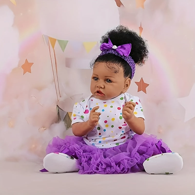 African American Reborn Baby Doll 21.5 Inch – Vinyl Black Doll with Beautiful Painted Pupils Full Set Curly Hair Handmade Hand-Painted Collectible Holiday Gift Ages 3+