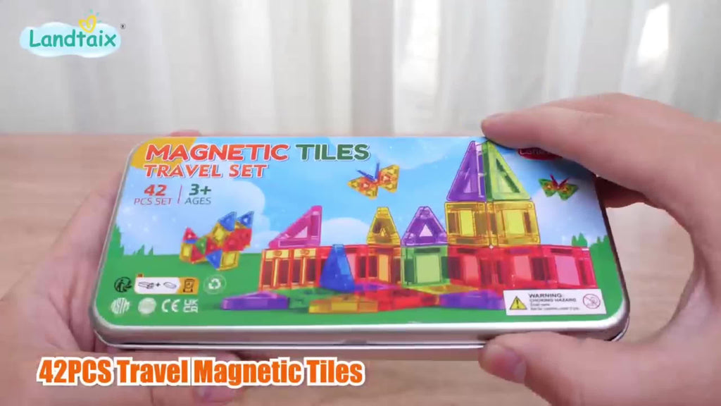 Magnetic Tiles Travel Set 42 Piece Ceramic in Metal Tin – Portable Magnetic Building Blocks for Kids Ages 3+, Educational Sensory STEM Toy, Road Trip Airplane Gift for Boys & Girls On the Go
