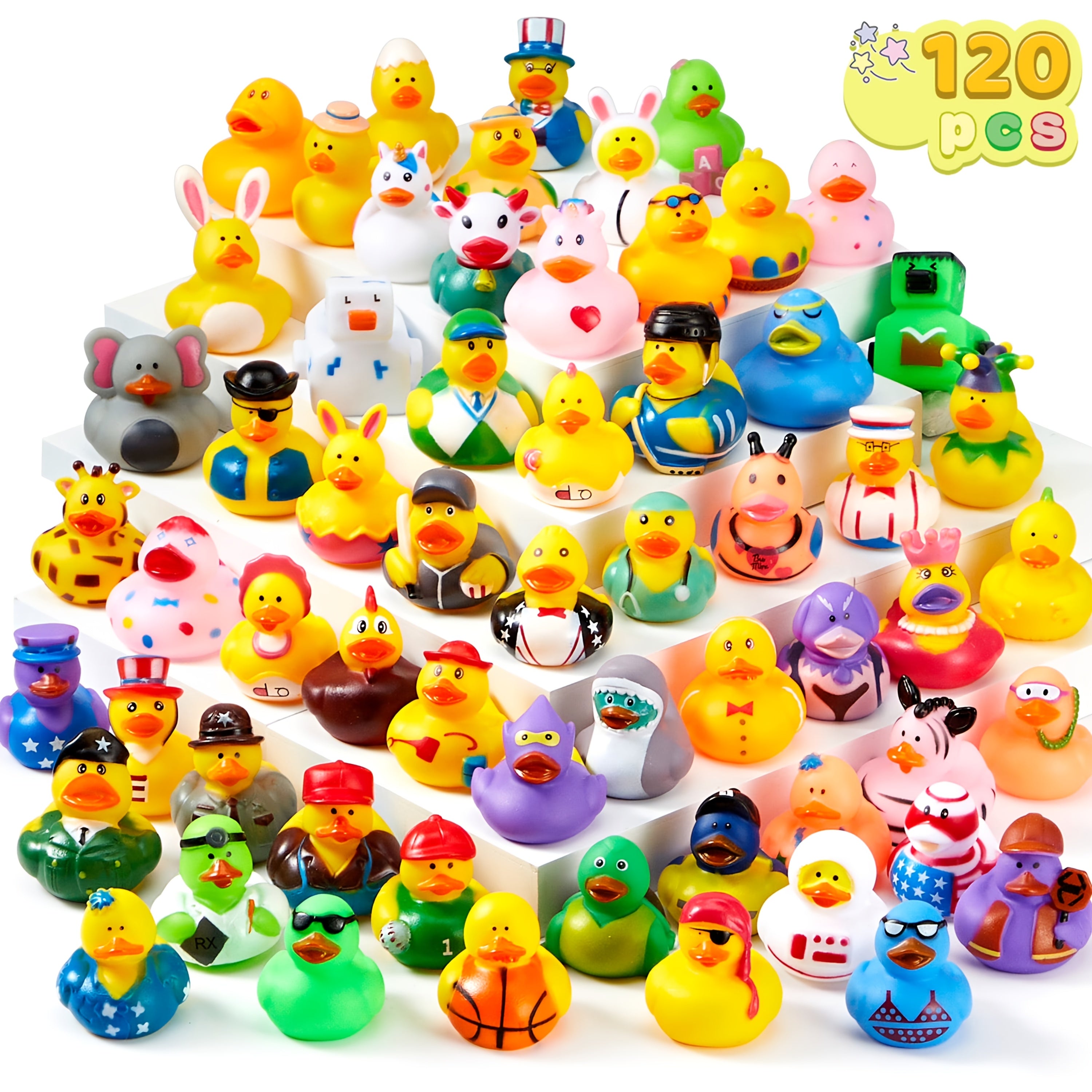 120PCS Mini Rubber Ducks Bulk Assortment with Mesh Bag – 2 Inch Rubber Duckies 60+ Designs, Baby Bath Toys, Kids Birthday Party Favors, Carnival Prizes, Pool Toys, Random Colors