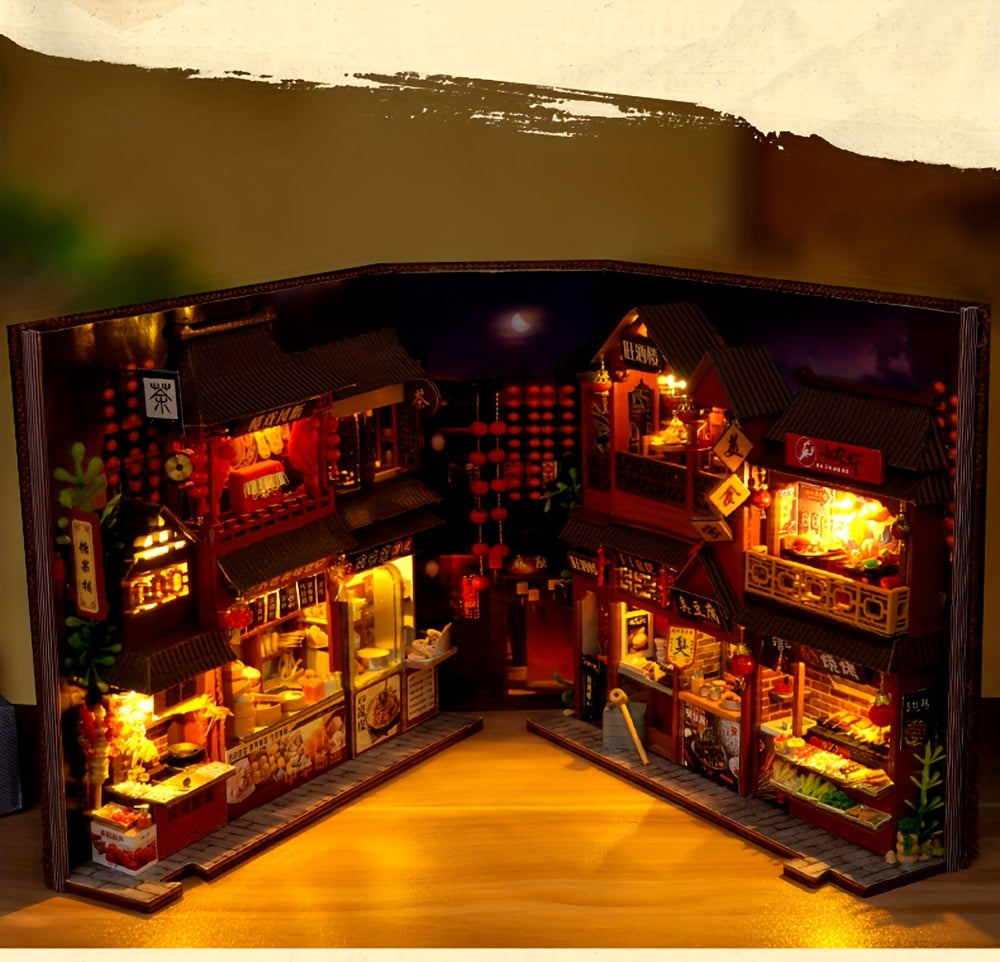 Book Nook Kit DIY Miniature Chinese Food Street – 3D Wooden Puzzle Bookshelf Insert Dollhouse Home Decor Gift for Teens Adults Birthday Christmas No Glue No Battery