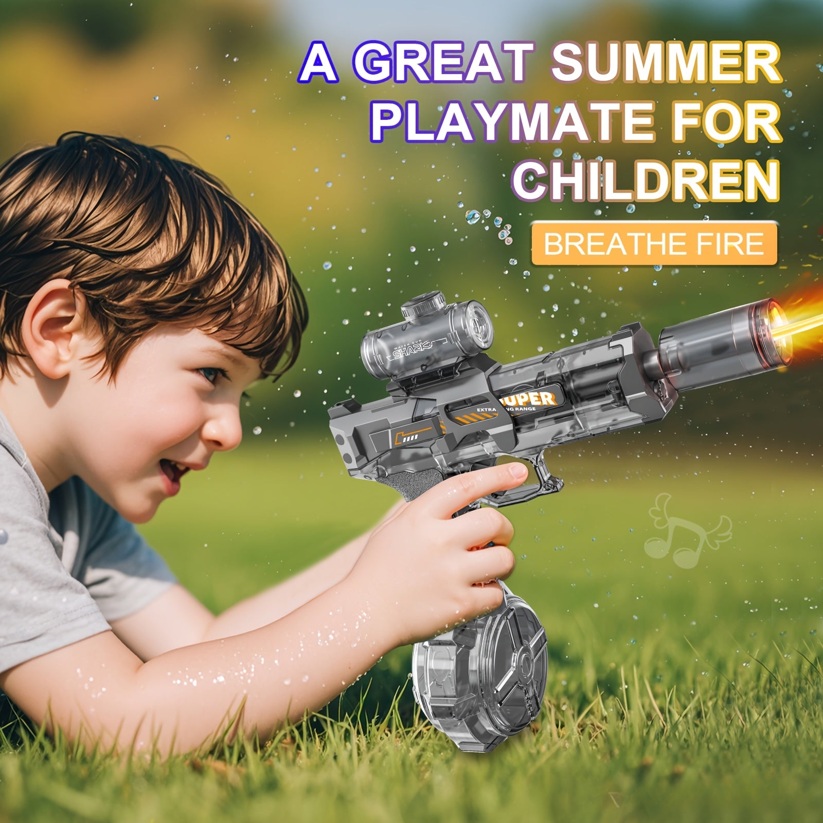 Electric Water Gun Handheld 32 Feet Range, Fire Pulse Flame Bubble Effect with LED Light & 2 Rechargeable Batteries, High Capacity Squirt Gun for Kids & Adults Pool Beach Backyard Outdoor Toy