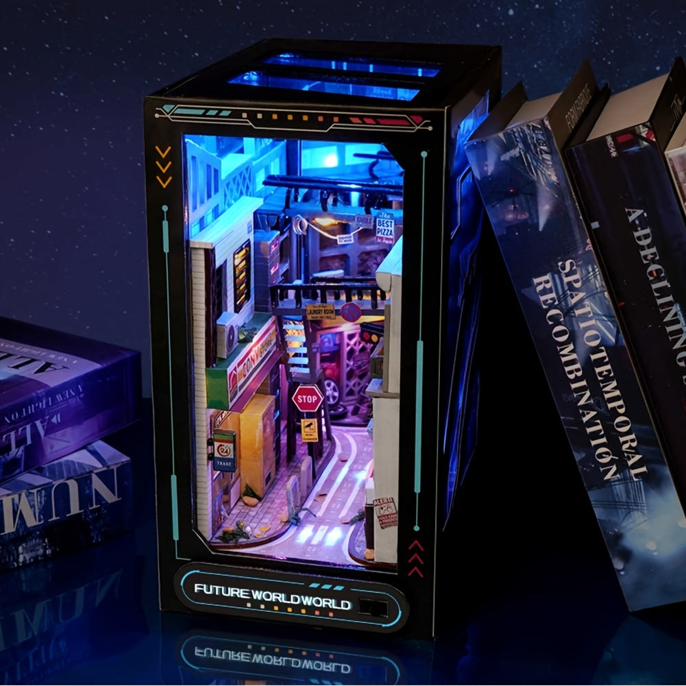 Book Nook Kit with Lights DIY Near Future Sci-Fi – 3D Wooden Miniature Dollhouse Bookshelf Insert Home Decor Gift for Teens Adults Birthday Christmas No Battery No Glue