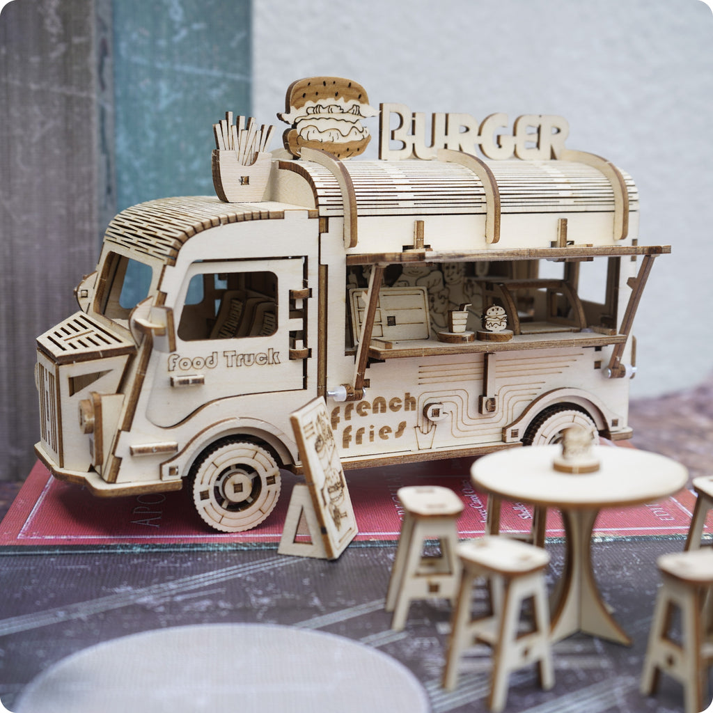 3D Wooden Puzzle Fast Food Truck Model Kit Basswood DIY Assembly Building Toy, Creative Wood Craft Gift for Adults Teens Kids, Christmas Halloween Birthday Present