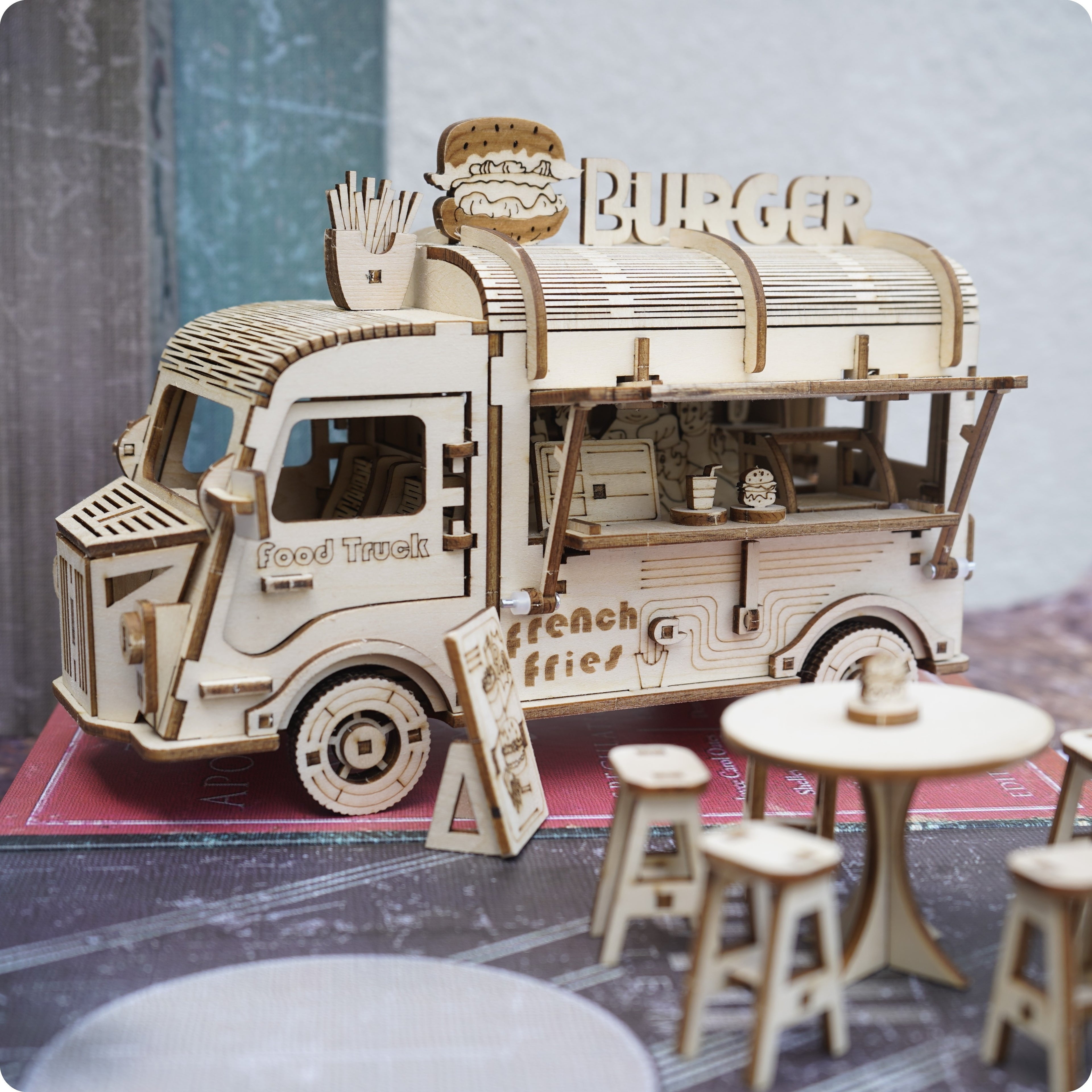 3D Wooden Puzzle Fast Food Truck Model Kit Basswood DIY Assembly Building Toy, Creative Wood Craft Gift for Adults Teens Kids, Christmas Halloween Birthday Present
