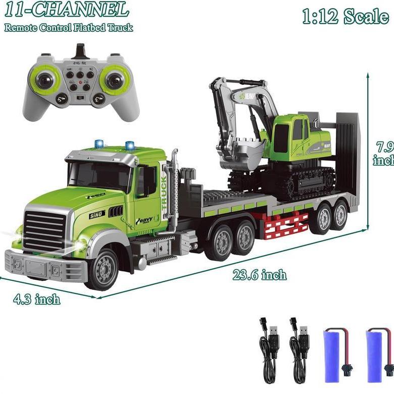 RC Flatbed Truck and Excavator Toy Set, 1:12 Scale 2.4GHz Rechargeable Construction Transporter with Lights, Sounds and Movable Digging Arm for Kids
