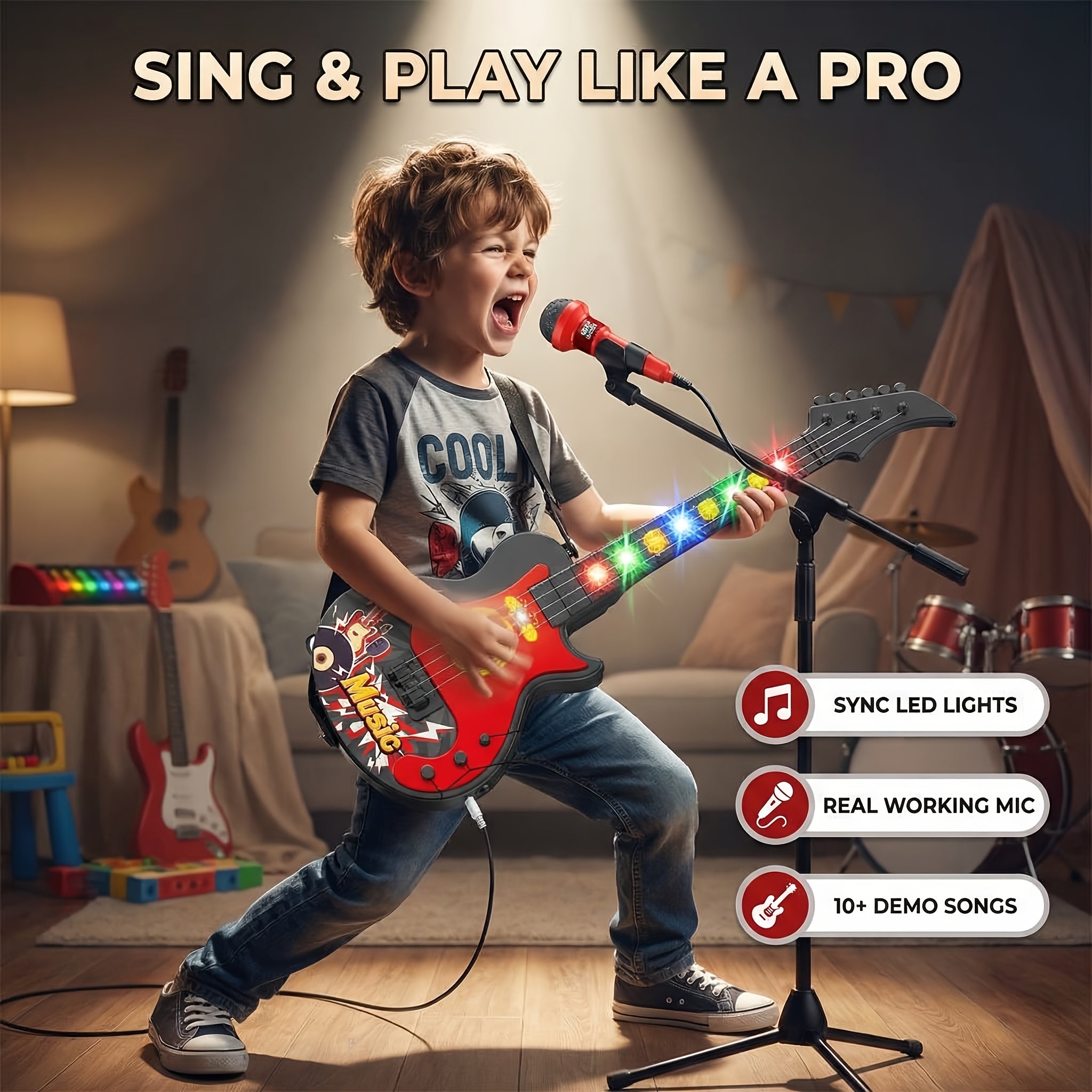 Kids Electric Guitar Toy with Microphone - Lights & Sound, Musical Instrument Toy for Boys & Girls, Beginner Guitar, Birthday Gift, Black Blue Pink