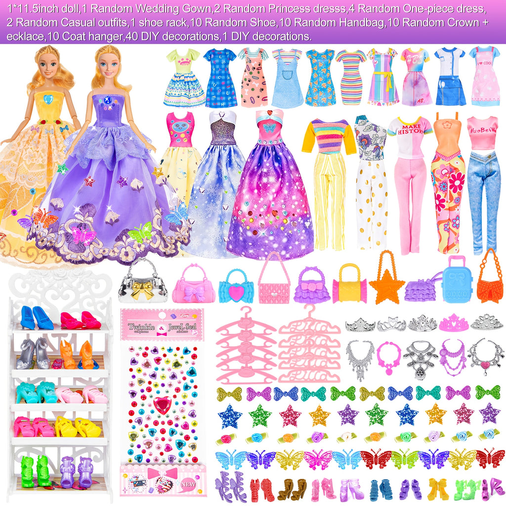 Doll Closet Wardrobe Playset 91pcs for 11.5 Inch Dolls – Princess Gowns Dresses Swimsuits Shoes Handbags Accessories & DIY Stickers Gift for Girls Ages 3+