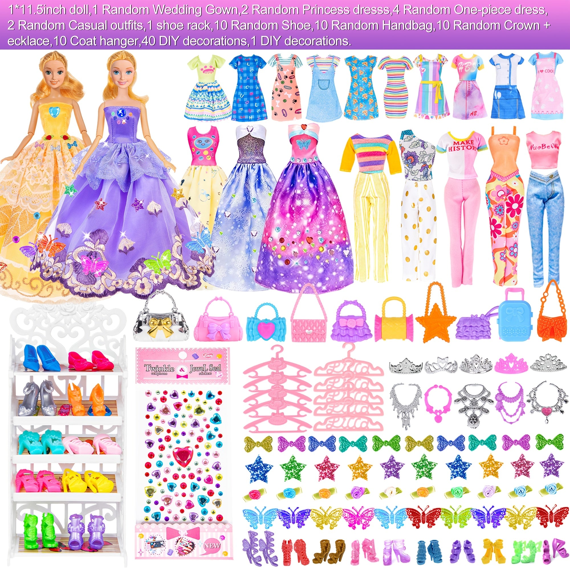 Doll Closet Wardrobe Playset 91pcs for 11.5 Inch Dolls – Princess Gowns Dresses Swimsuits Shoes Handbags Accessories & DIY Stickers Gift for Girls Ages 3+