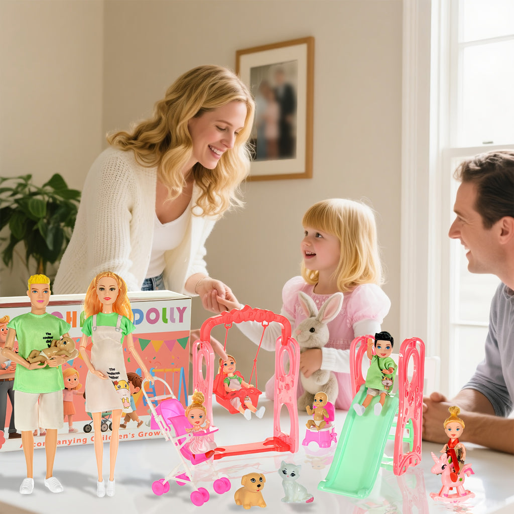 17-Piece Family Dollhouse Playset with Pregnant Mom, Dad, 4 Kids, Pets, Stroller, Slide & Swing – Complete Doll Family Set for Girls Ages 3+, 11.8 Inch Figures, Imaginative Role Play Gift