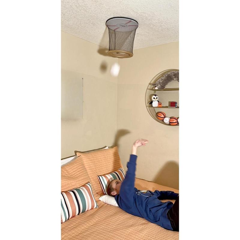 Ceiling Baseball Game by CeilingSTRIKE with Backboard, Net, Soft Glove and Two 2.5-Inch Plush Baseballs for Indoor Play and Kids Room Decor