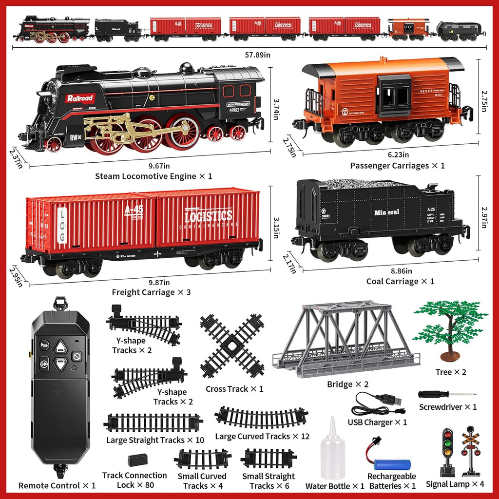 T627A Retro Steam Train Set with LED Lights, Smoke Spray & Realistic Sound Effects – 7-Piece USB Rechargeable Electric Train Toy Gift