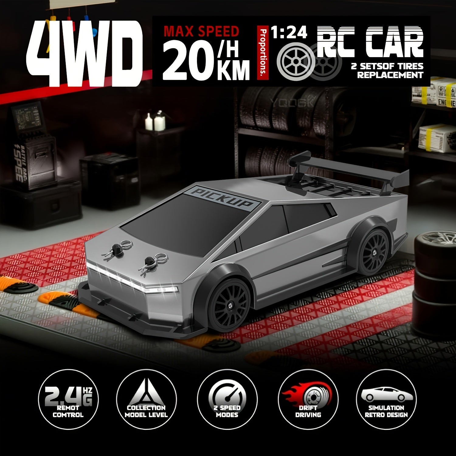 RC Car 1:24 Scale 4WD High Speed Drift Car with LED Lights & 2.4GHz Remote Control – All Terrain Off-Road Toy Car for Kids Boys Girls, Birthday Christmas Halloween Gift