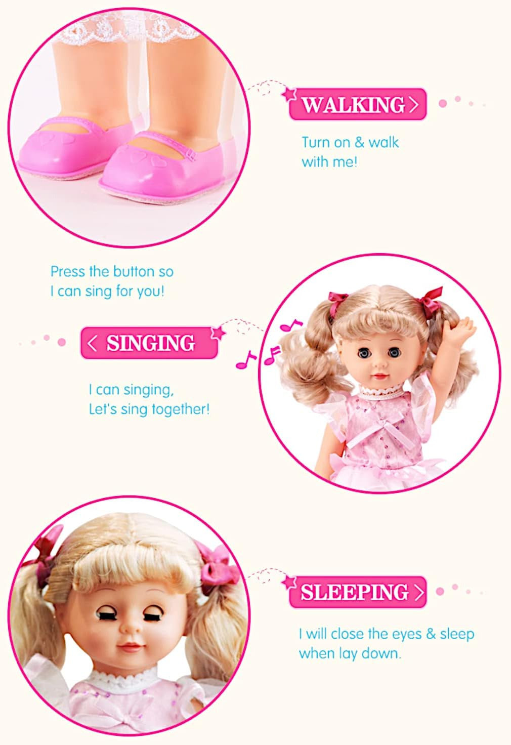 Walking Talking Singing Baby Doll 12 Inch Interactive Sonic Control Princess Doll Blonde Blinking Eyes Cuddly Vinyl Girl Doll for Kids Ages 3-7 Birthday Christmas Gift
