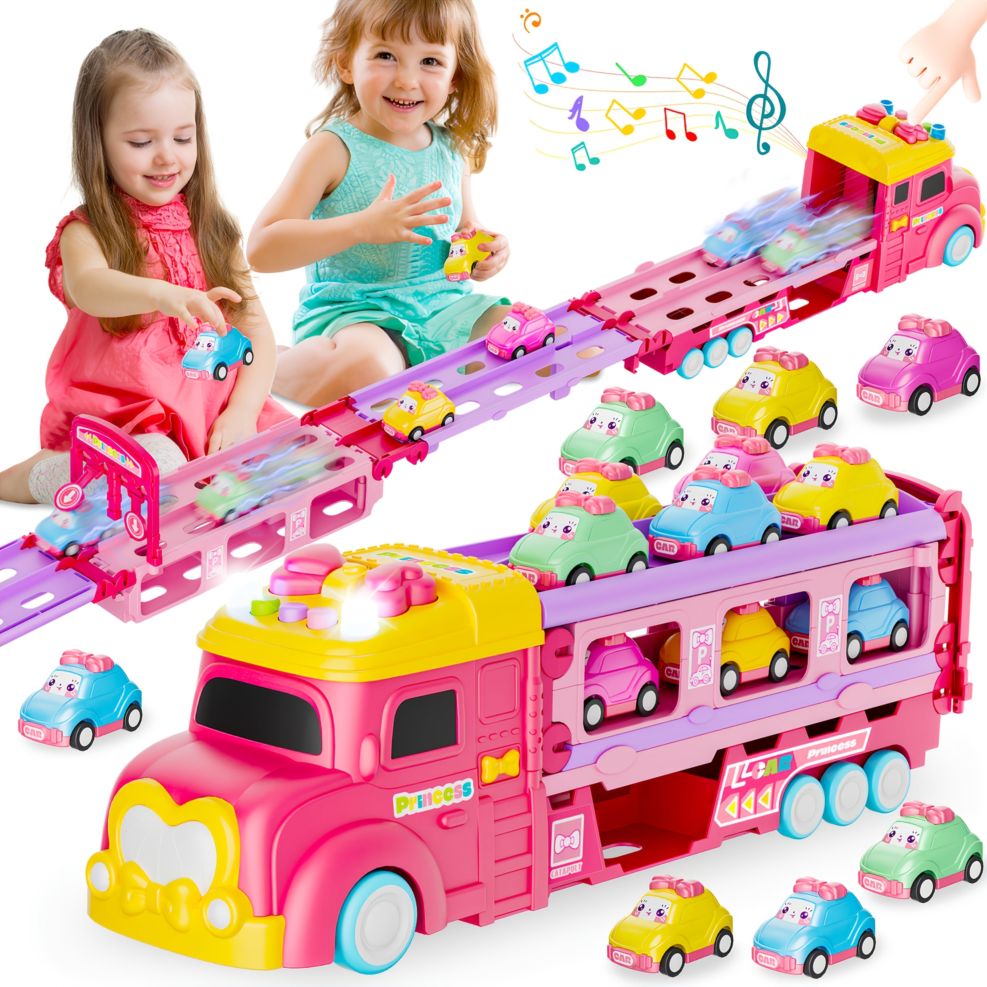 Pink Monster Truck Track Set with 8 Princess Cars – Light & Sound Friction Power, 2-Player Fold-Out Race Track Toy for Girls Boys Ages 3 4 5