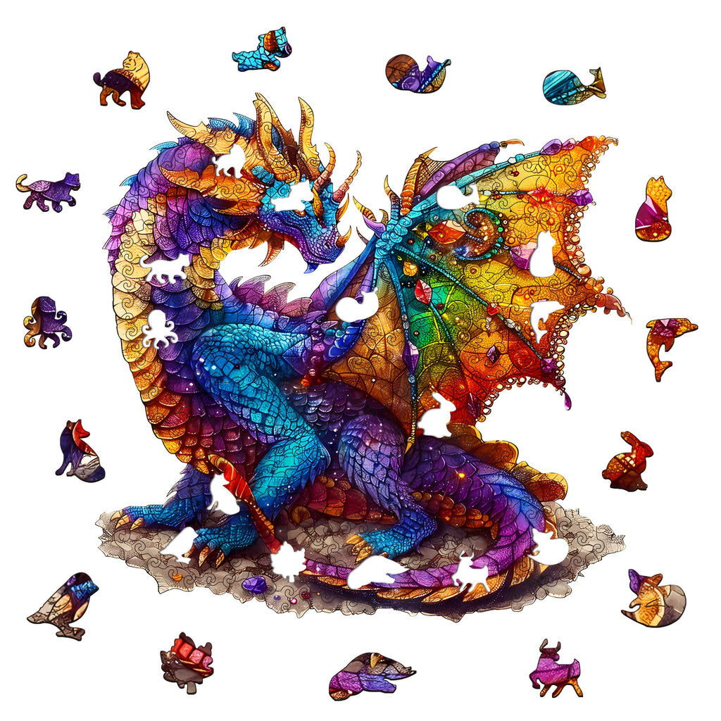 Dragon Wooden Jigsaw Puzzle Irregular Animal Shaped – Colorful Fantasy Gemstone Design, Unique Non-Repetitive Pieces, Brain Teaser Gift for Adults Kids, Home Decor Family Game S/M/L