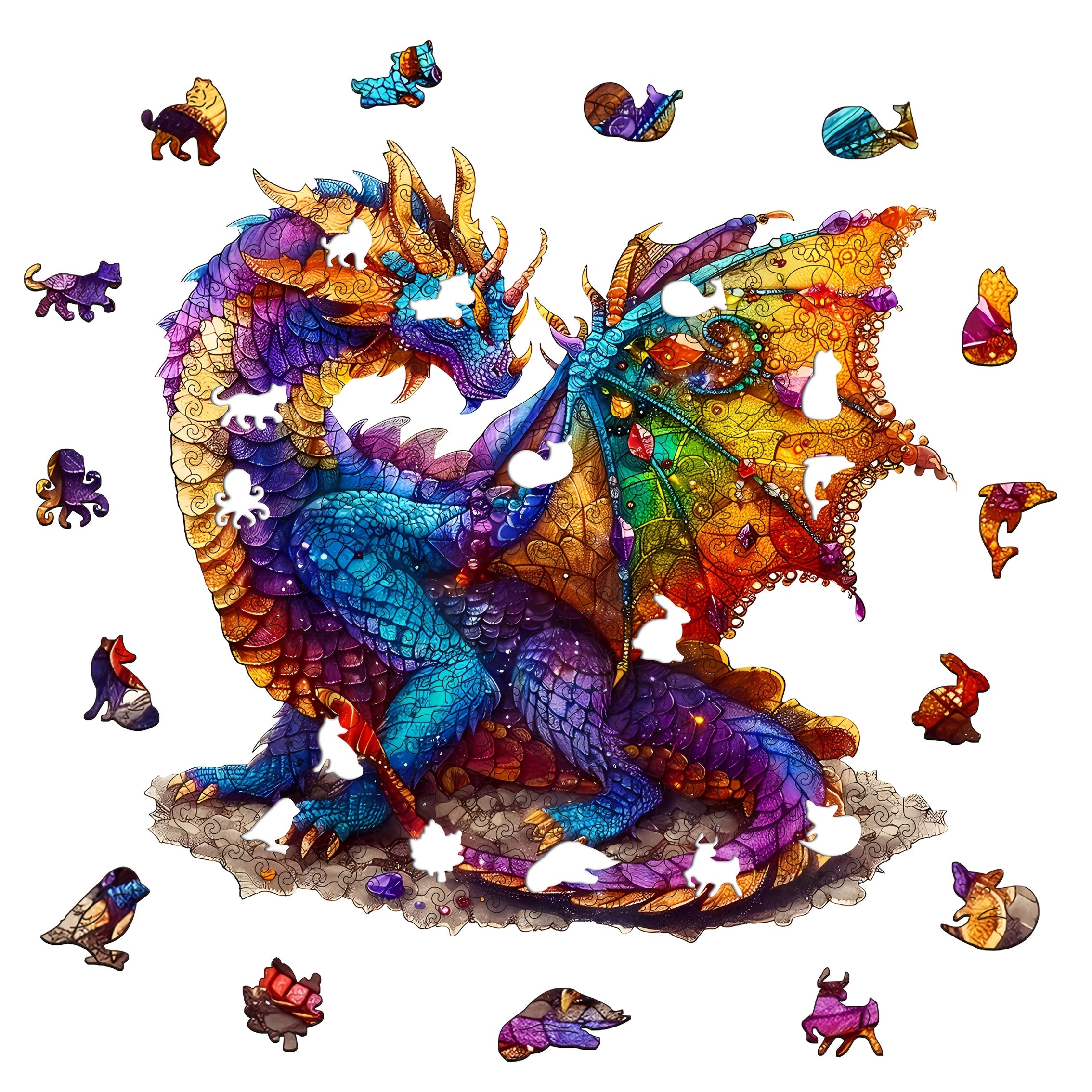 Dragon Wooden Jigsaw Puzzle Irregular Animal Shaped – Colorful Fantasy Gemstone Design, Unique Non-Repetitive Pieces, Brain Teaser Gift for Adults Kids, Home Decor Family Game S/M/L