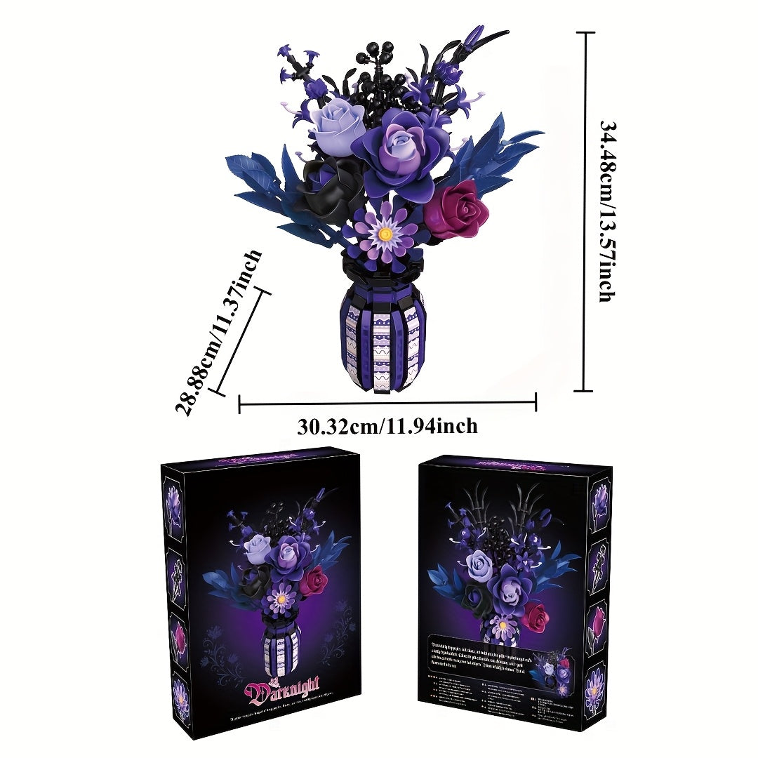 Flower Bouquet Building Blocks 1218pcs Gothic DIY Floral Vase Kit – Artificial Flower Arrangement for Home & Office Decor – Birthday Valentine Mother's Day Christmas Gift for Women