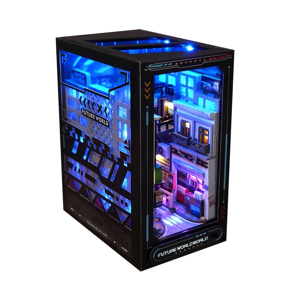 Book Nook Kit with Lights DIY Near Future Sci-Fi – 3D Wooden Miniature Dollhouse Bookshelf Insert Home Decor Gift for Teens Adults Birthday Christmas No Battery No Glue