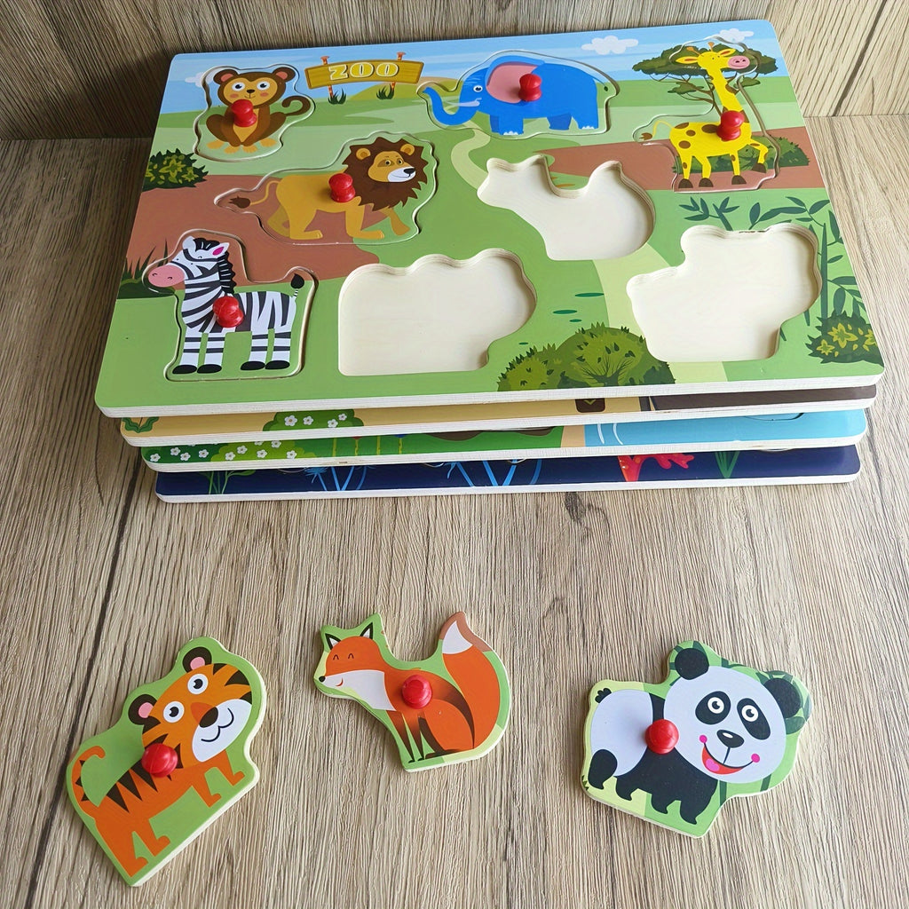 Wooden Peg Puzzle Set of 4 for Toddlers – 32 Pcs Knob Puzzles Farm & Zoo Animals, STEM Learning Toy, Christmas Halloween Gift for Kids Ages 1-3