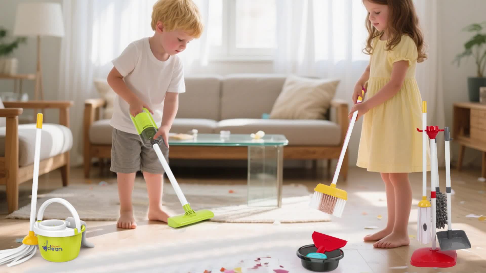 Kids Pretend Play Cleaning Toy Set with Electric Vacuum Cleaner Broom Dustpan Mop & Duster – Home Cleaning Playset for Toddlers Boys & Girls Birthday Gift