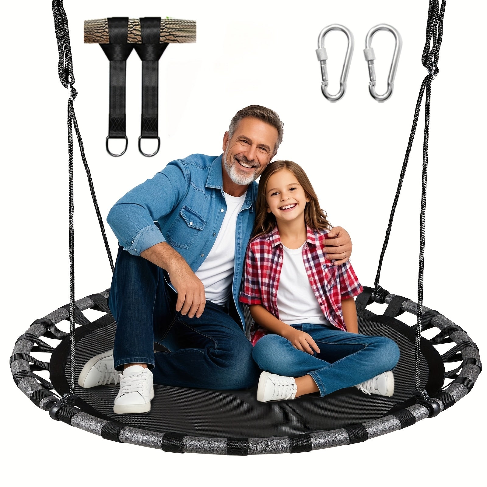 43" Large Saucer Swing for Kids, 360° Rotating Spinner Swing with Swivel, Adjustable Ropes & Hanging Straps, Outdoor Tree or Swing Set Accessory, Durable Round Disc Swing for Playground Backyard, Birthday Gift