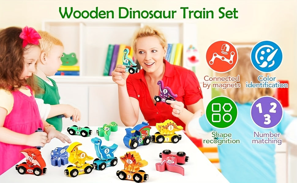 Dinosaur Magnetic Wooden Train Set 11pcs Number Learning - Educational STEM Toy for Toddlers Ages 3-5, Birthday Christmas Gift for Boys & Girls