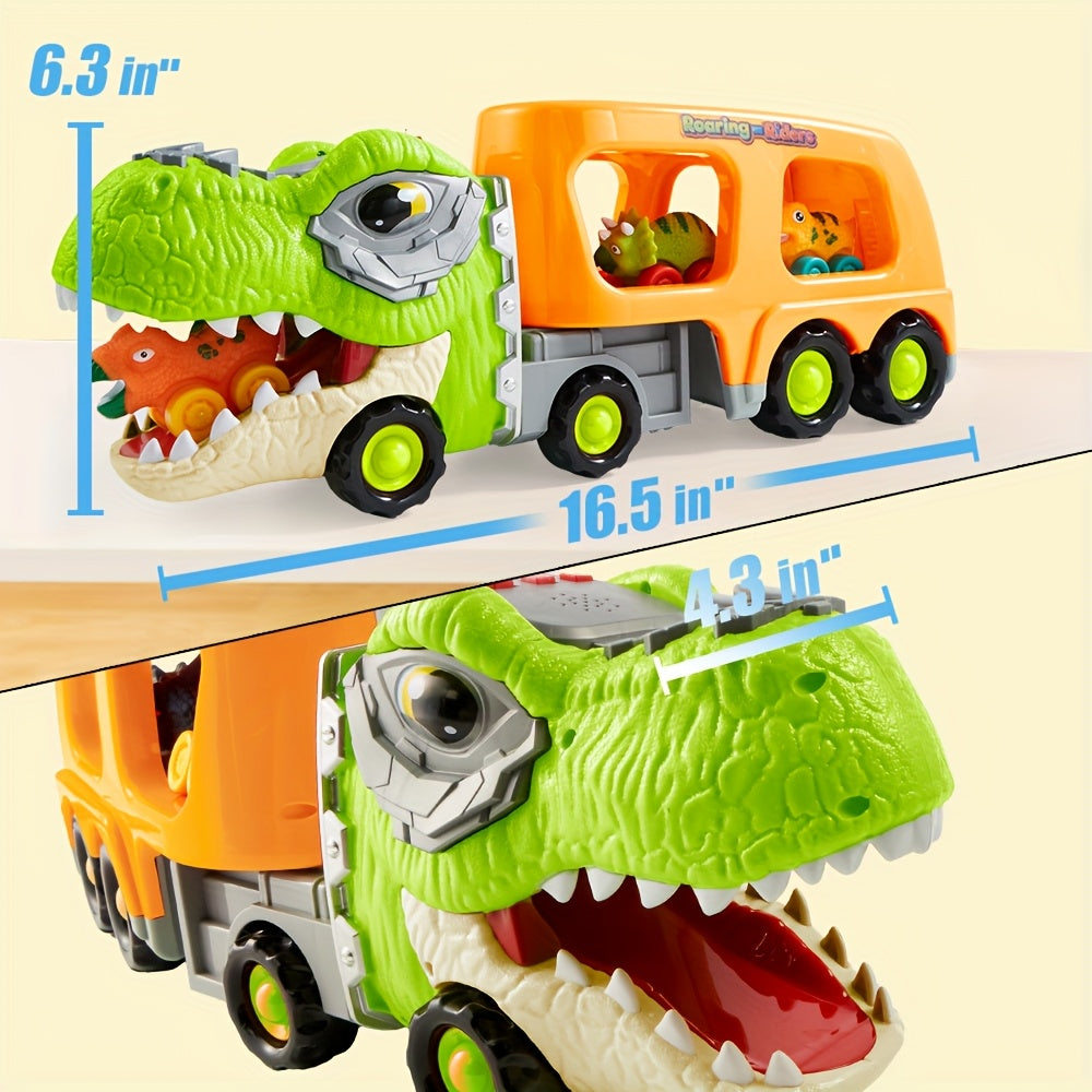 Dinosaur Car Carrier Truck Toy for Kids with 6 Rubber Dino Vehicles, Sliding Ramp, Music & LED Lights – 2-Level Storage, Birthday Christmas Gift for Boys & Girls Ages 3+