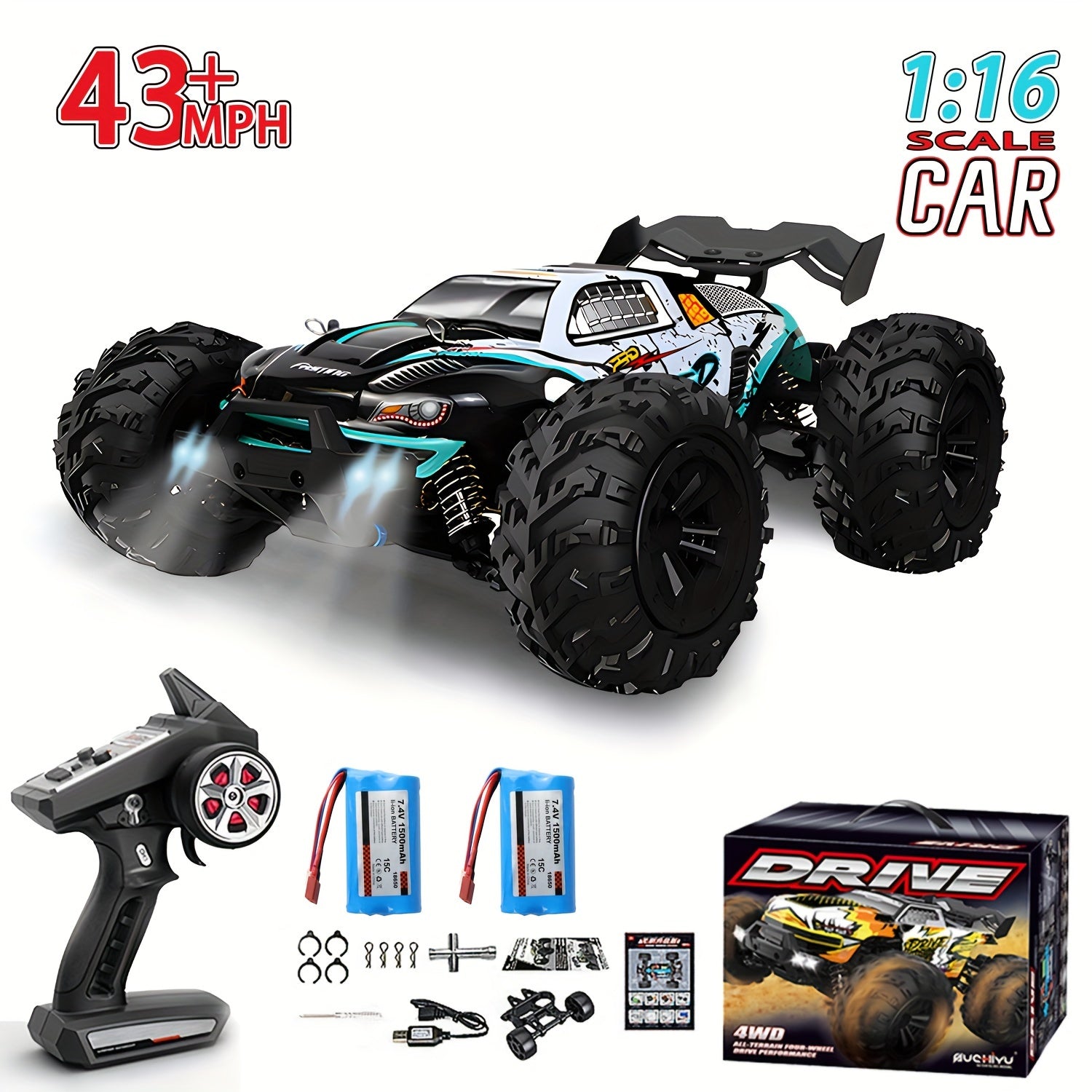 1/16 Scale 4WD Brushless Motor RC Car 70km/h High Speed 2.4G Remote Control Off-Road Drift Racing Truck with 2 Batteries – Kids Adults Gift