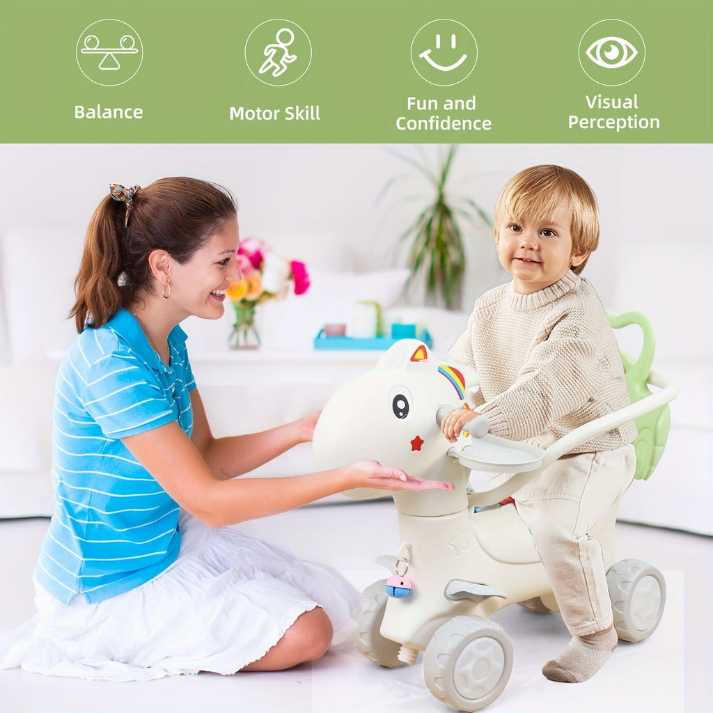 4-in-1 Rocking Horse with Basketball Hoop & Safety Push Rod for Toddlers 1+ – Ride-On Bike, Balance Bike & Balance Board, Indoor Outdoor Baby Balance Toy, Birthday Gift Boys & Girls