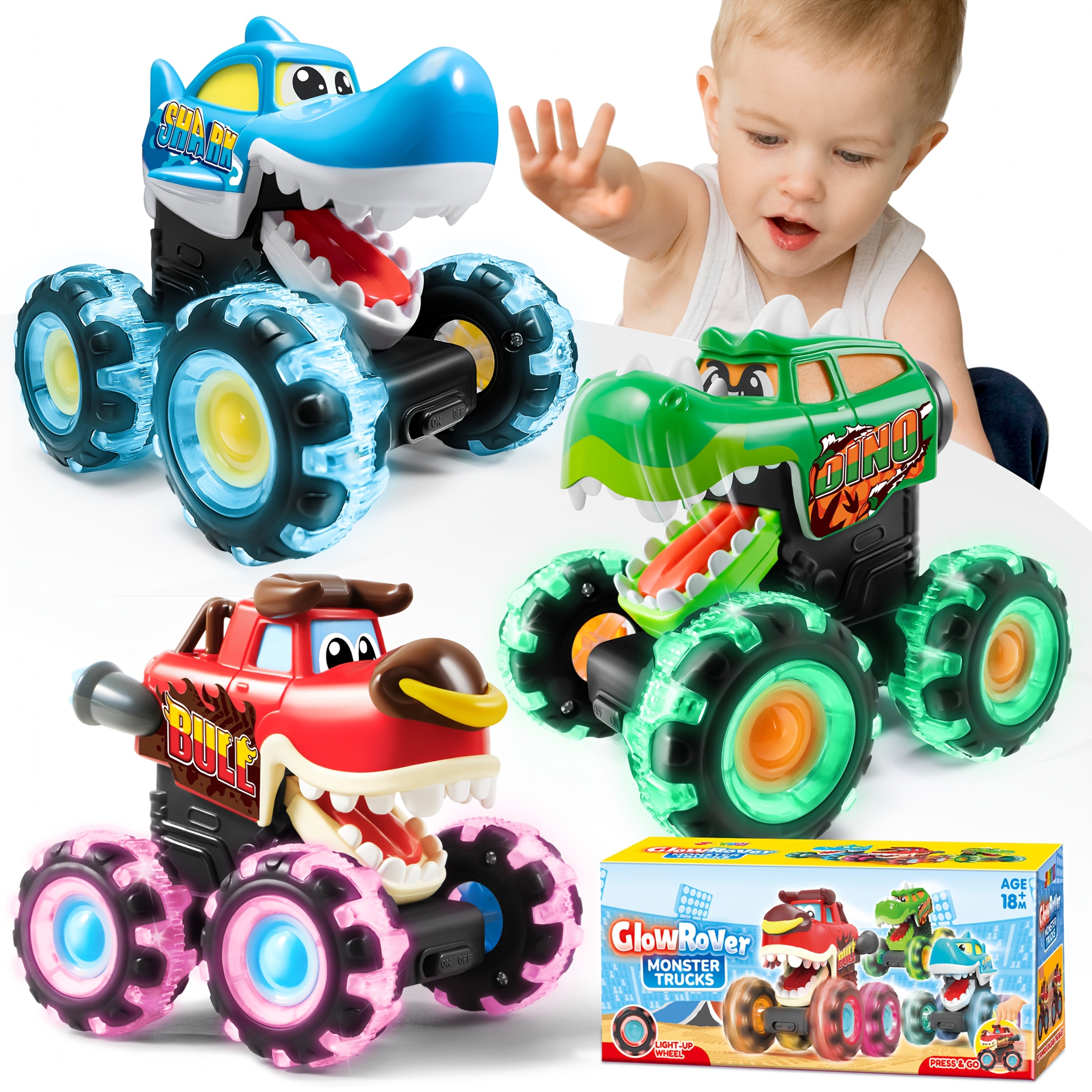Monster Truck Toys for Toddlers 3 Pack – LED Light-Up Animal Trucks with Press & Go, Chomping Action – Shark, Bull & T-Rex Glow Cars, Easter Birthday Gift for Boys & Girls Ages 1.5+