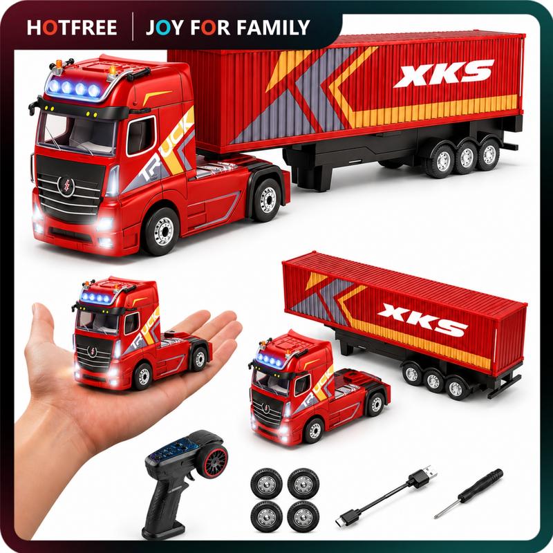 Mini RC Semi Truck with Detachable Container Trailer, HOTFREE 1:64 Scale Red 2.4GHz Remote Control Vehicle with LED Headlights for Indoor Play and Display