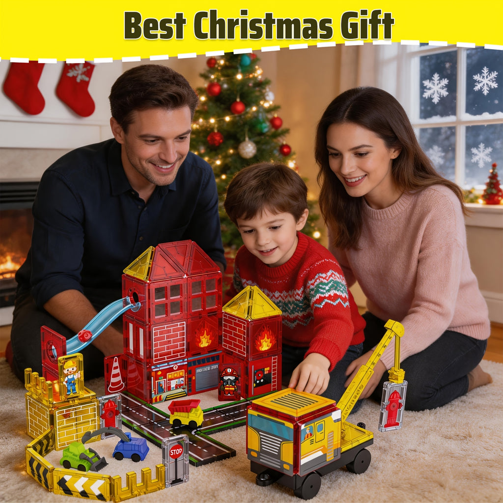 Magnetic Tiles Fire Rescue Set for Kids Ages 3+ – STEM Construction Toy with Fire Truck, Crane, Building & Road Tiles – Firefighting Magnetic Building Blocks Birthday Christmas Gift for Boys & Girls