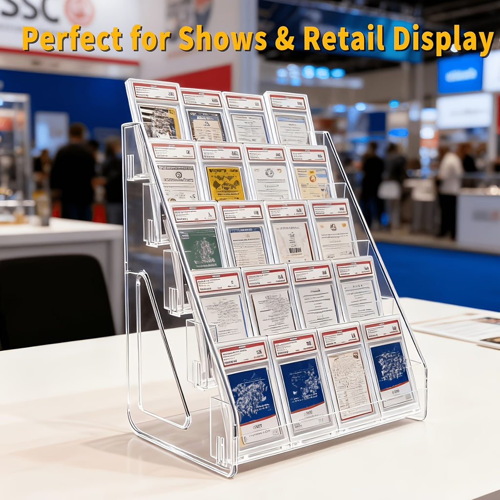 Trading Card Display Stand 5-Tier Vertical for PSA BGS SGC Graded Slabs – Tabletop Baseball Basketball Sports Card Rack Snap-On Assembly, Collector Gift
