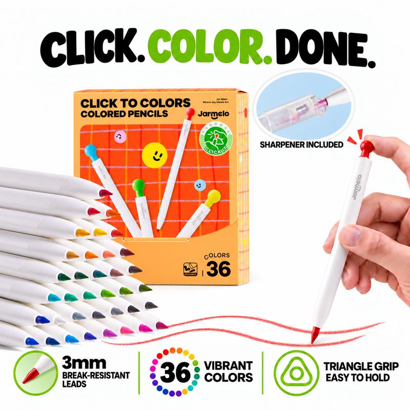 Mechanical Colored Pencils for Kids by Jar Melo, 24 or 36 Colors with Erasable 3mm Retractable Leads and Triangular Grip for Drawing and School Art