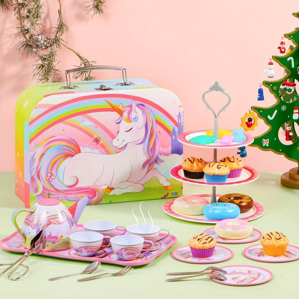 Unicorn Tea Party Set for Girls 35 Piece Tin Teapot Cups Plates Desserts Cake Stand Carrying Case Princess Pretend Play Kitchen Toy Kids Age 3+ Birthday Easter Christmas Gift