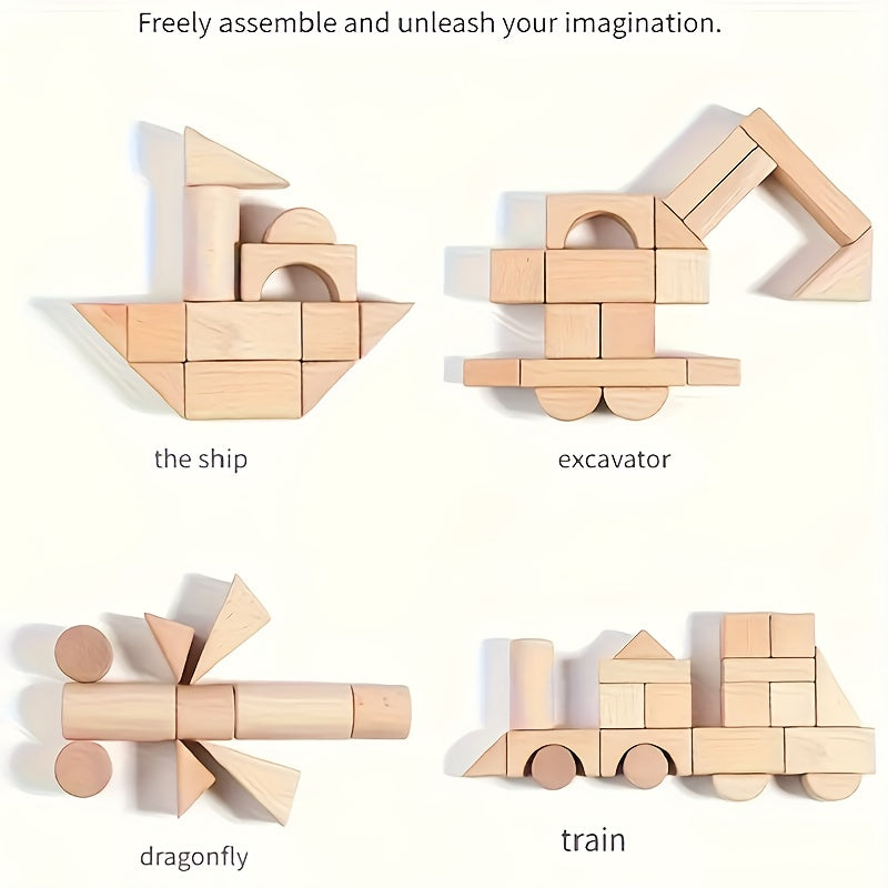 Wooden Building Blocks for Kids 100 Piece Solid Beech Wood Set – Unpainted Natural Stacking Blocks Ages 3-12, STEM Logical Thinking Educational Toy, Montessori Castle Puzzle Gift Boys Girls