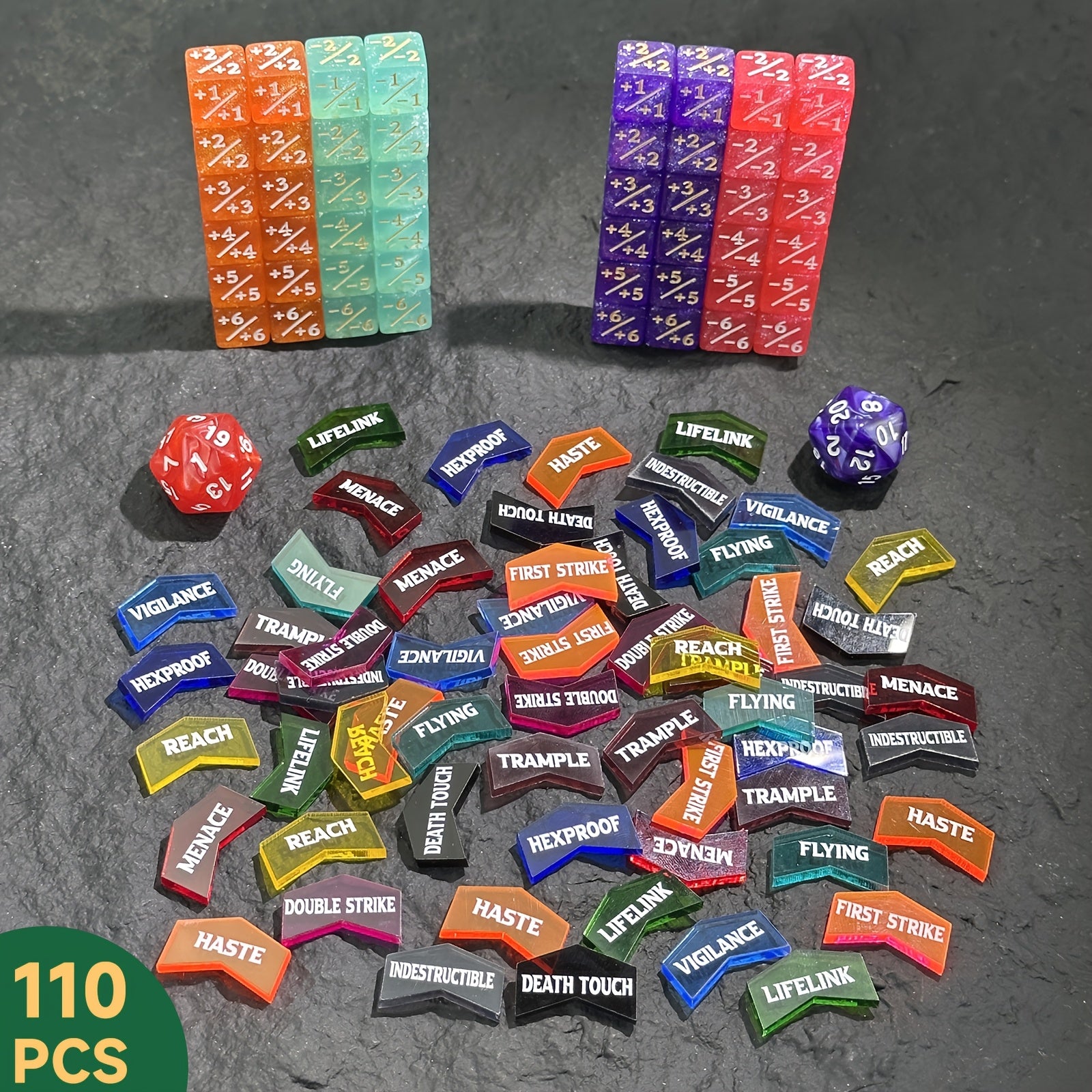110pcs MTG Counter Dice Set Plus 1 Minus 1 Tokens D20 Keyword Counters 12mm 6-Sided Dice for Magic the Gathering TCG Card Game Accessories Gift