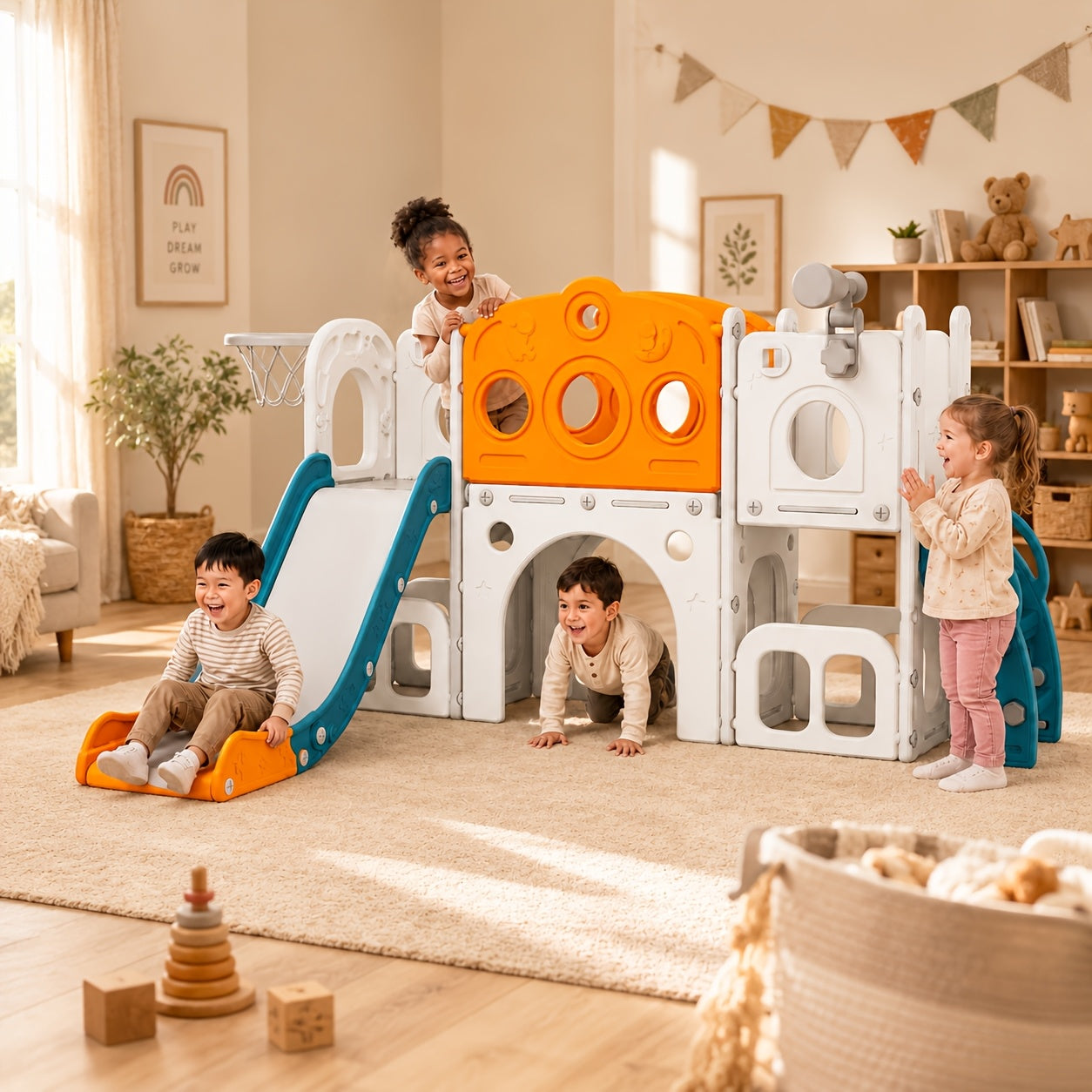 Toddler Slide Playset with Basketball Hoop and Telescope Indoor Outdoor Backyard Playground for Babies Kids Ages 1-3 Climbing Toy Gift