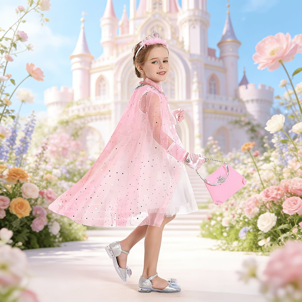 Princess Cape Dress Up Set 12pcs for Girls with Purse Gloves Tiara Jewelry Headband – Kids Costume Accessories for Birthday Halloween Christmas Cosplay Party Gift